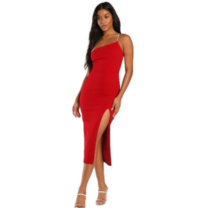Lulus Always VIP Red Rhinestone One Shoulder Side Slit Body Con MIDI Dress L